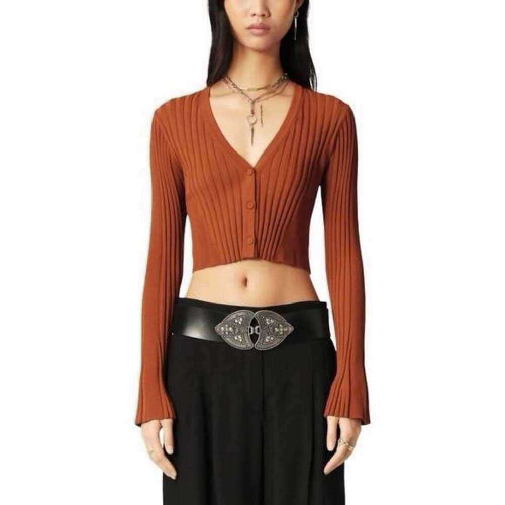 ba&sh Women’s Pusha Lady Cardigan Size L Brown Orange Stretch Fitted Ribbed NWT